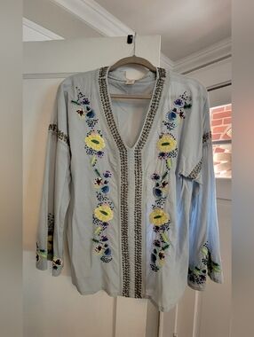 Sundance Light Blue Embroidered V-Neck Tunic